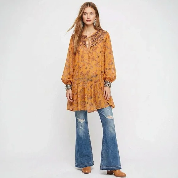 Free People Tunic Dress Keeping Up with Kara Orange Floral SHEER Boho Festival L - Picture 1 of 12